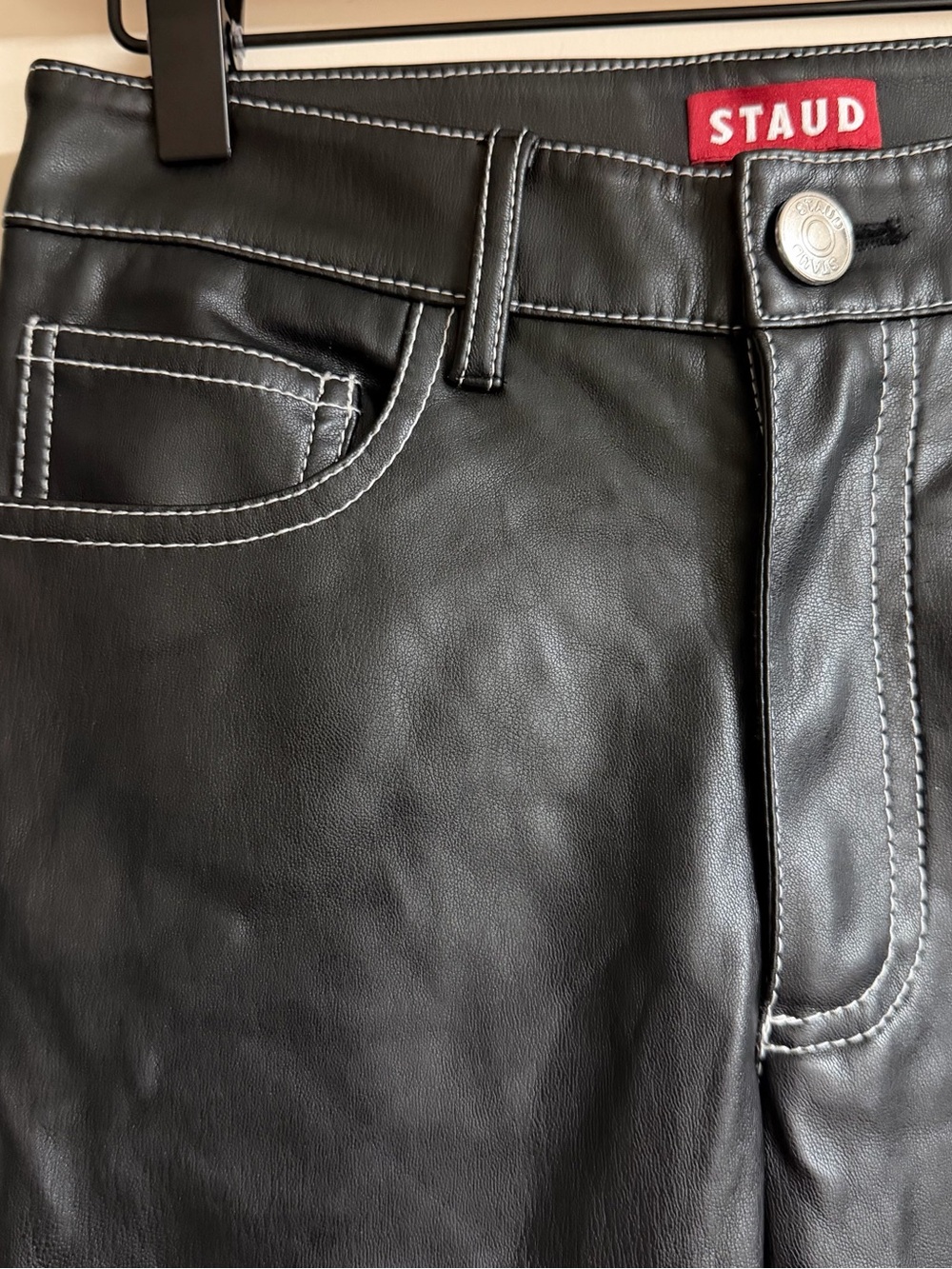 Staud Faux Leather Jeans w Contrast Stitching Size 0 - Picture 4 of 8